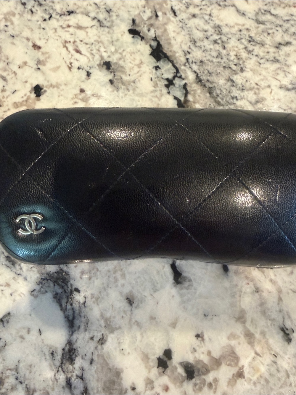 CHANEL Black Quilted Leather Eyewear Case with Silver CC Emblem